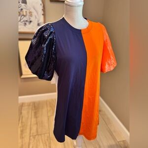 New! QUEEN OF SPARKLES Navy, Orange, and White Colorblock Sequin Sleeve Dress